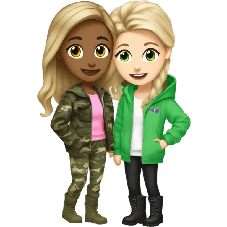 A dirty blonde brown eyed teenager wearing camo pants and white and green jacket and boots kissing the cheek of a dirty blonde shorter teenager with greenish blue eyes wearing a pink sweatshirt and black pants emoji