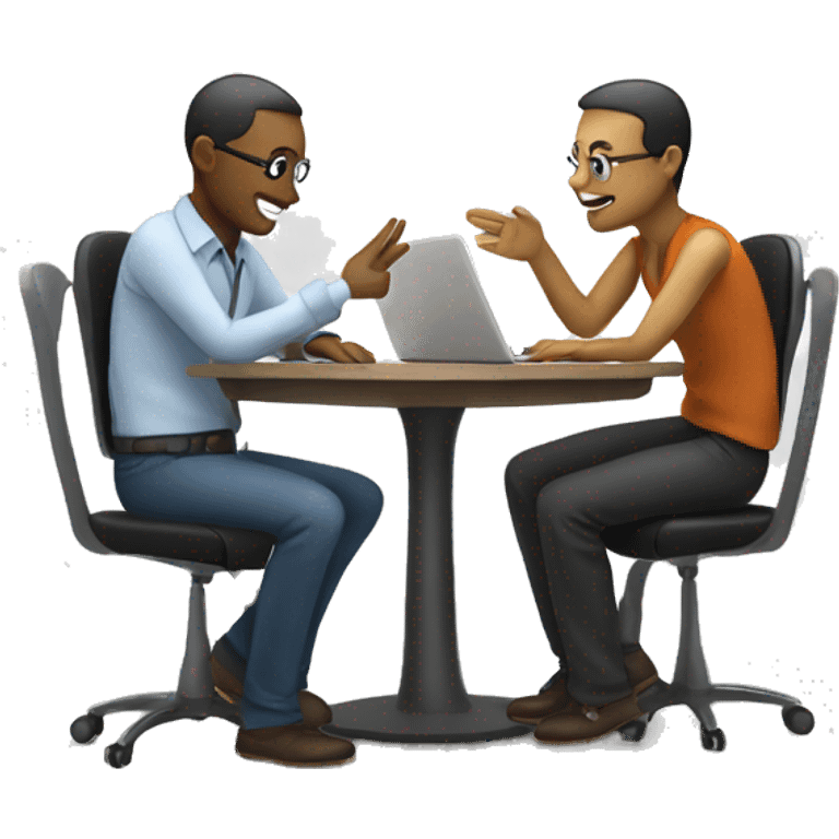 An emoji showing two people sitting at a round table with a laptop and papers, discussing about AI in a collaborative and professional way. emoji