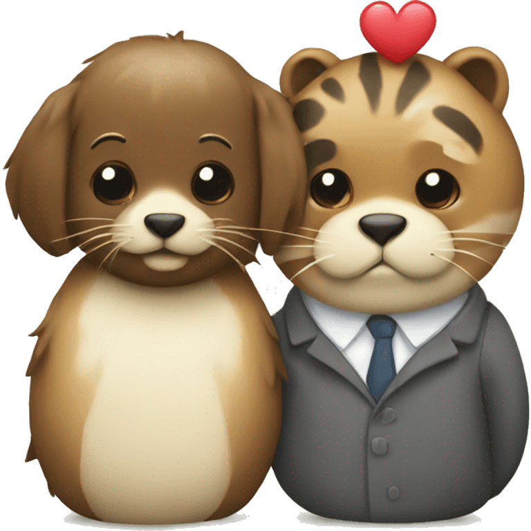 Two different animal couple love with heart emoji