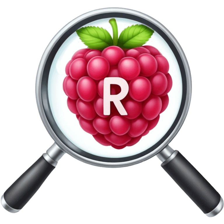 A raspberry R letter holds a magnifier emoji