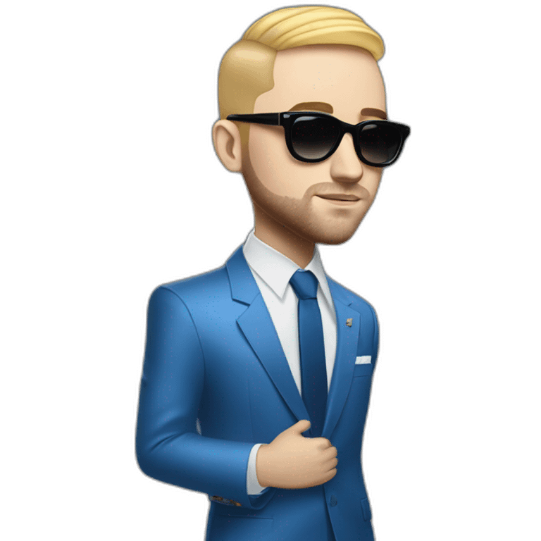 realism mac miller with a blonde comb over skin fade wearing a blue suit and sunglasses emoji