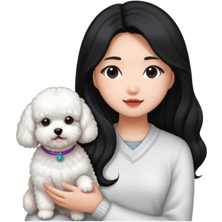 Asian girl with dark, long hair and a bichon emoji