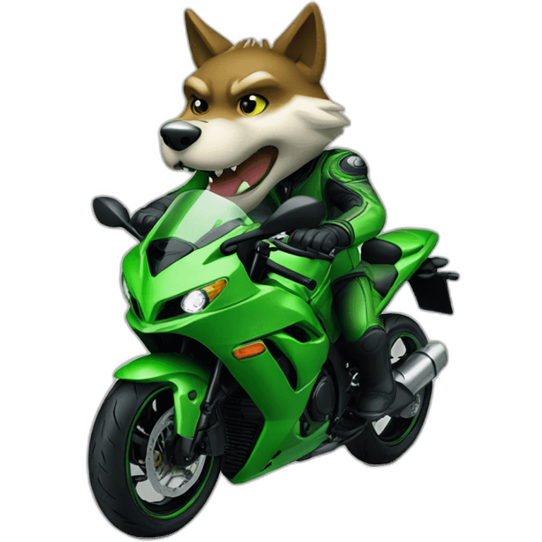 Wolf driving green motorcycle Kawasaki Ninja emoji