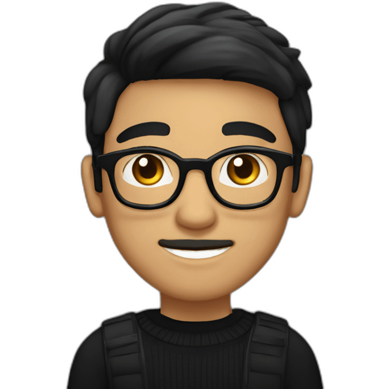 a light skin Pakistani teenager, wearing round glasses, short moustache, black straight hair, black jumper/sweater, structured manly face emoji