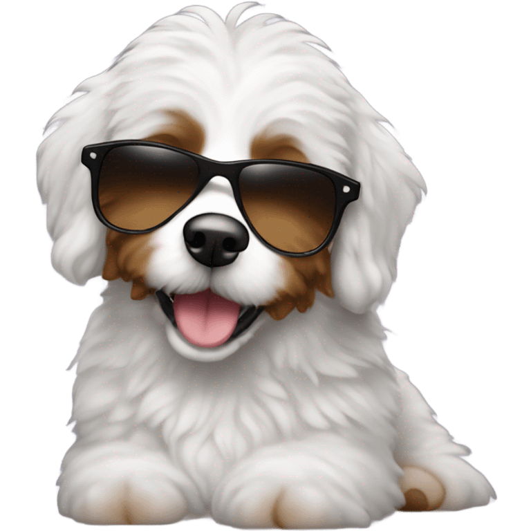 Mini bernedoodle wearing sunglasses emoji