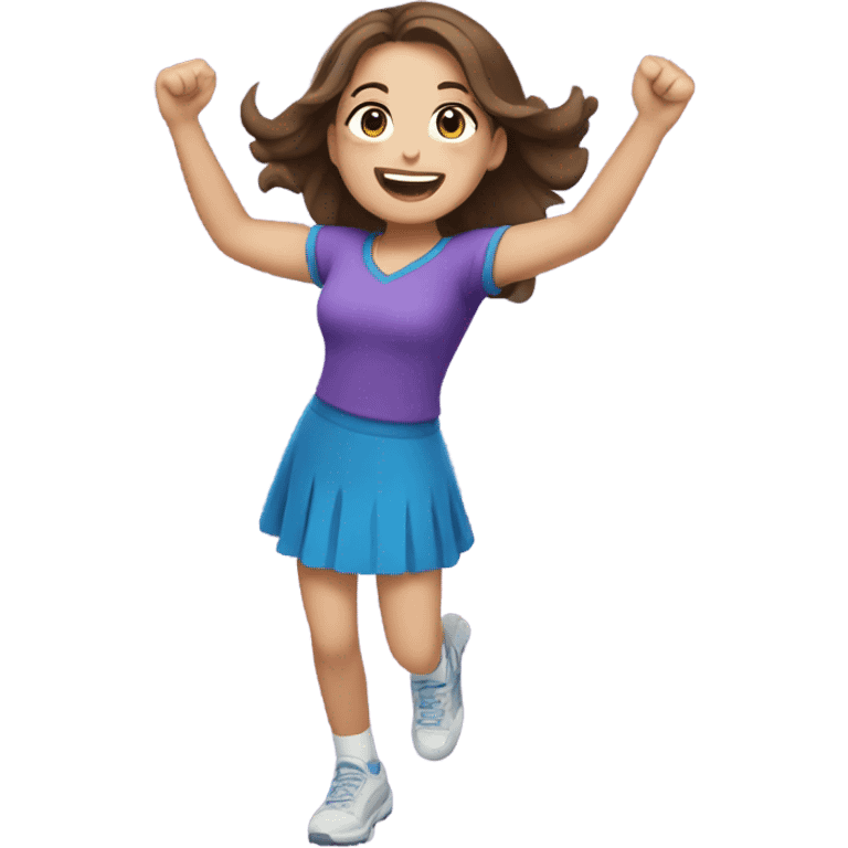 Girl with brown hair and blue eyes cheering in purple  emoji