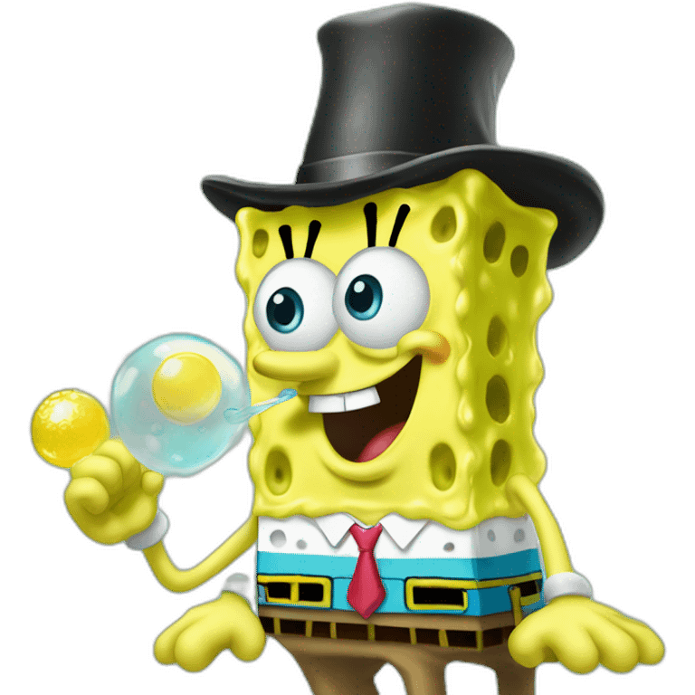 SpongeBob blowing bubbles and wearing a fedora emoji