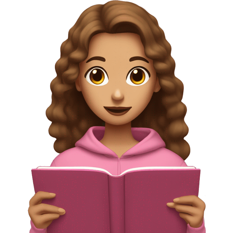 A girl with undulate brow hair and brow eyes is wearing a brown sweatshirt and is reading a pink book ping  emoji