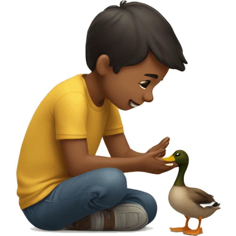 a boy petting a cute duck emoji