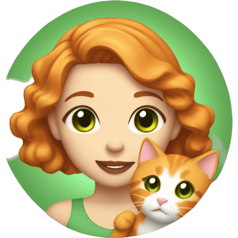 A girl with light brown wavy hair and green eyes big lips and smiling, holding a fluffy orange cat and both of them is pretty emoji