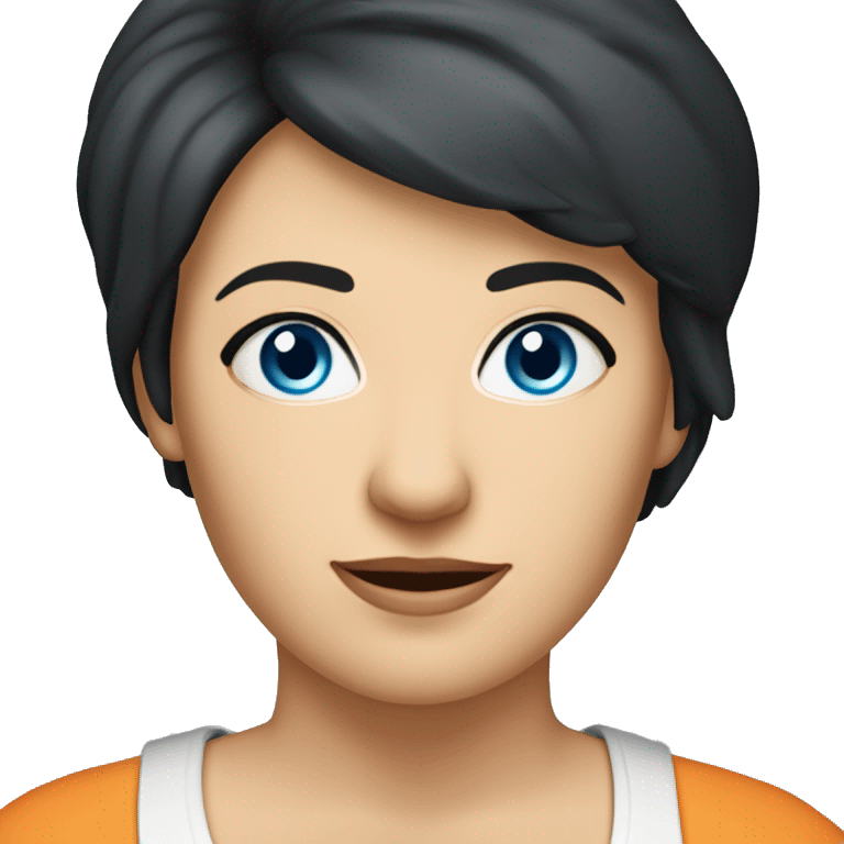 A head and shoulders shot of a 50 year old caucasian woman with short black hair, blue eyes wearing a tshirt. emoji