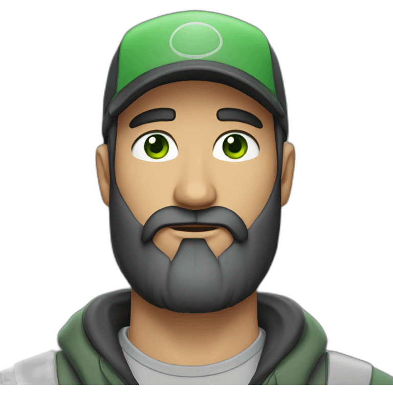 Man with green eyes and black hair and beard, gray caps emoji