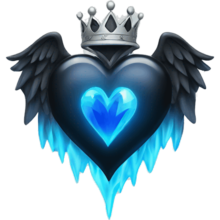 Black heart with blue flames and wings and a silver crown with blue gems  emoji