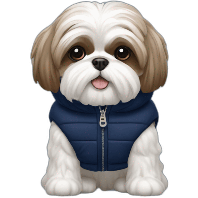 White and brown Shih tzu in sleeveless navy blue puffer jacket emoji