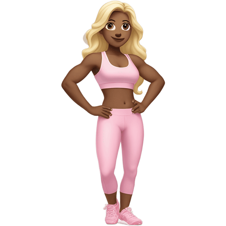 White woman, pale skin, long hair, blonde hair, wavy hair, baby pink sports bra, baby pink leggings, flexing right arm, left hand on hip emoji