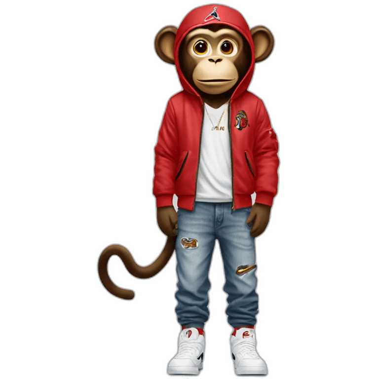 Monkey wearing Jordan 4 on its  feet with a bunch of Nike clothes emoji