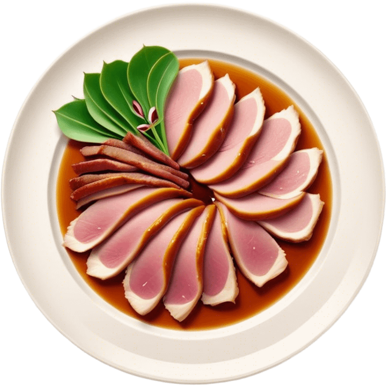 Peking Duck Cinematic Realistic Peking Duck Dish Emoji, depicted as thinly sliced duck breast with crispy skin and succulent meat, rendered with vivid textures and dynamic, appetizing lighting. emoji