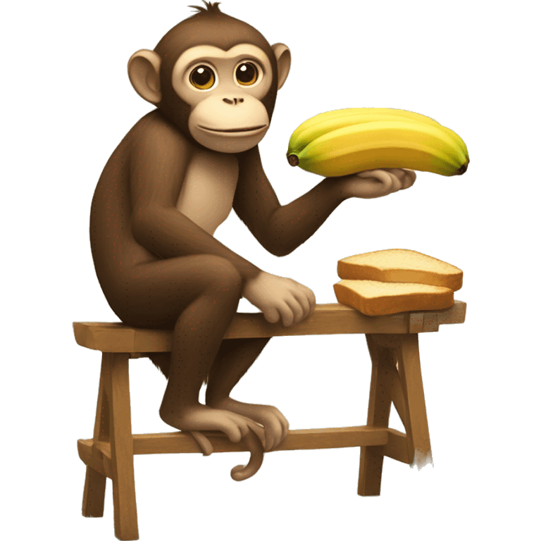 Monkey with cat ears on a stool eating bread with bananas on the bread while the monkey looks like he’s hiding something emoji