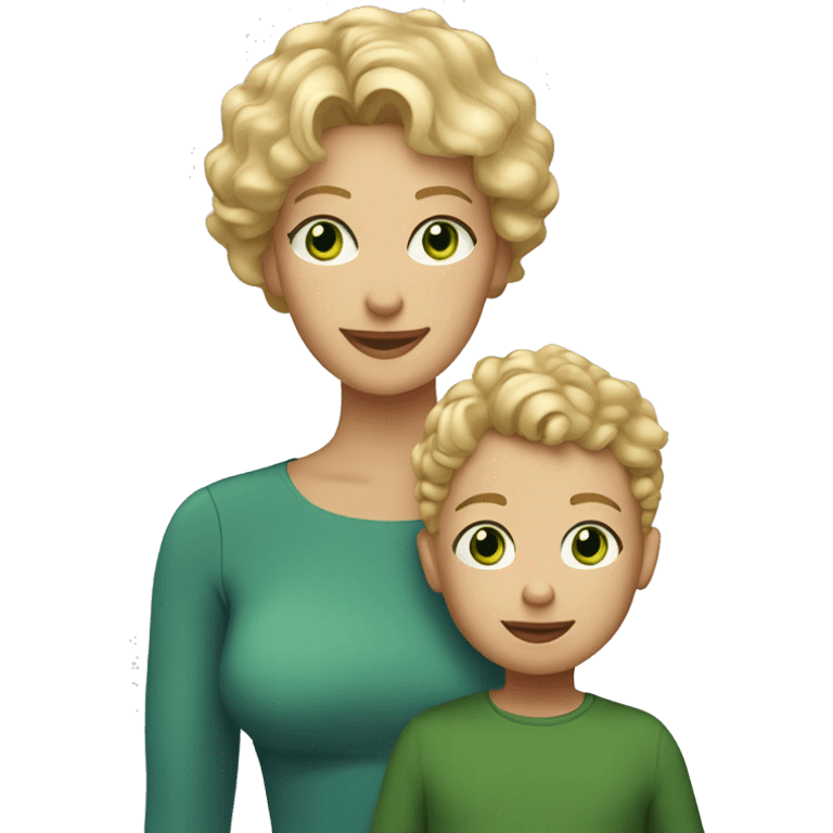 Mother and toddler son. Mom has short blonde curly hair and green eyes. The son has short straight blonde hair and blue eyes  emoji