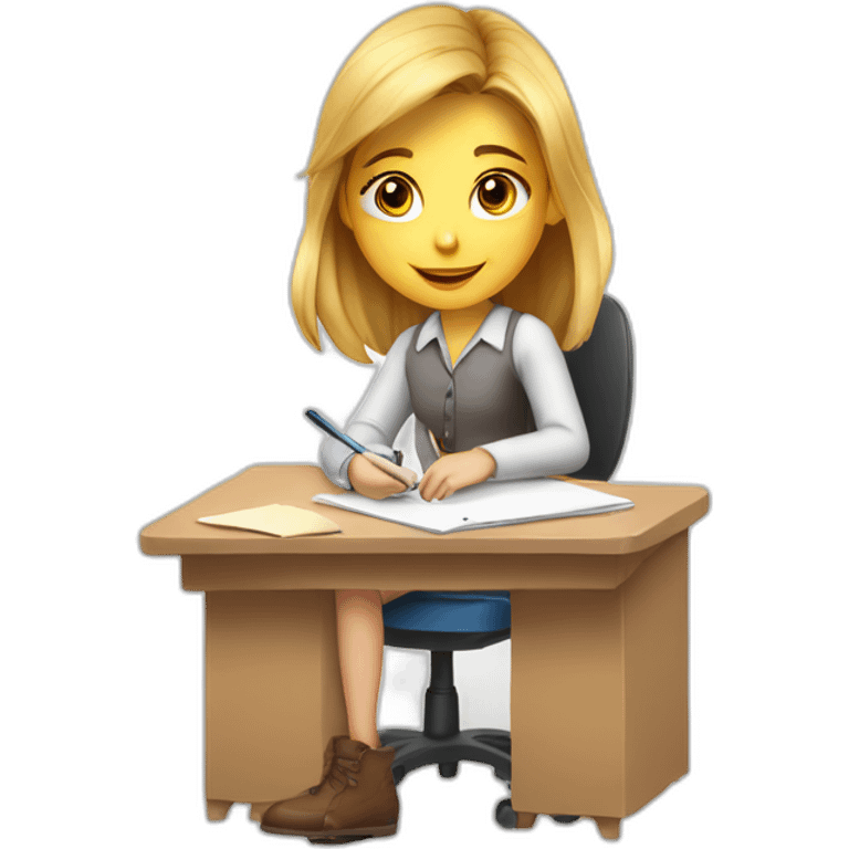 White Smart girl doing Homework on a desk writing on a pice of paper emoji