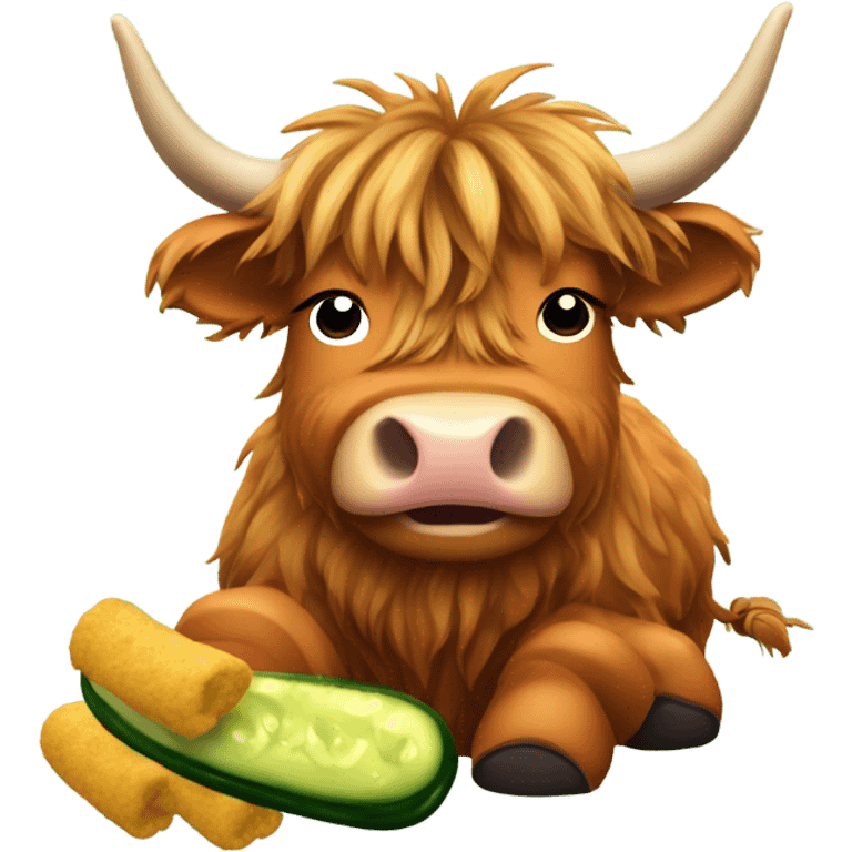 A highland cow eating a pickle while wearing flippers  emoji