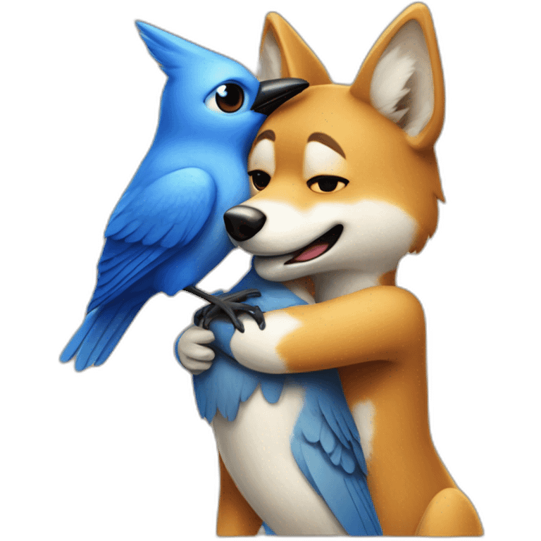 Anthropomorphic dingo giving an anthropomorphic blue bird a hug emoji