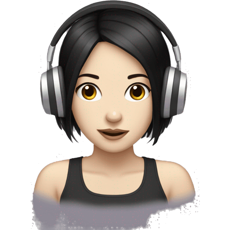 pale girl with black hair using headphone vibing music emoji