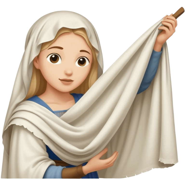 young washerwoman hanging large cloth spread out with the vernicle, age medieval emoji