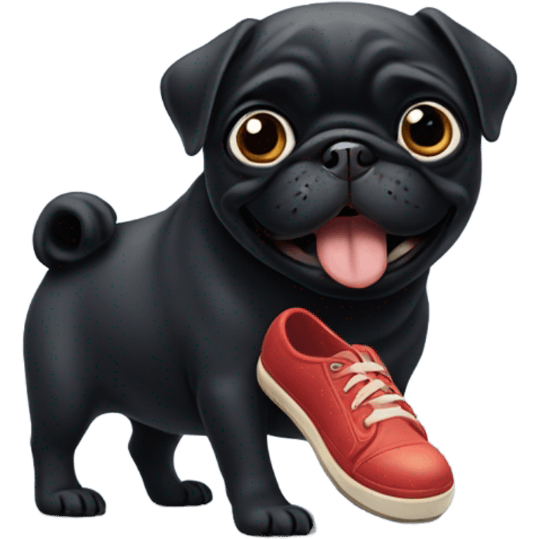 Black pug chewing on a shoe emoji