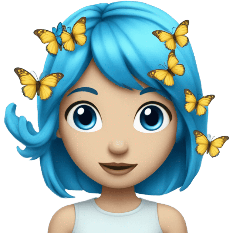 Blue hair, white skin, blue eyes, blue butterfly girl emoji