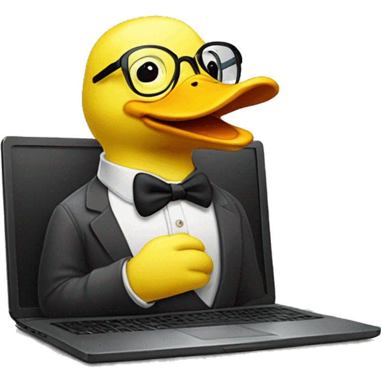 A yellow duck with glasses and writing in a computer emoji