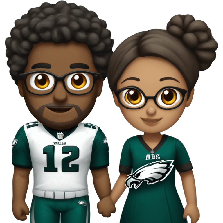 Brown guy and brown girl with glasses and hair in a bun in Philadelphia eagles clothes holding hands emoji