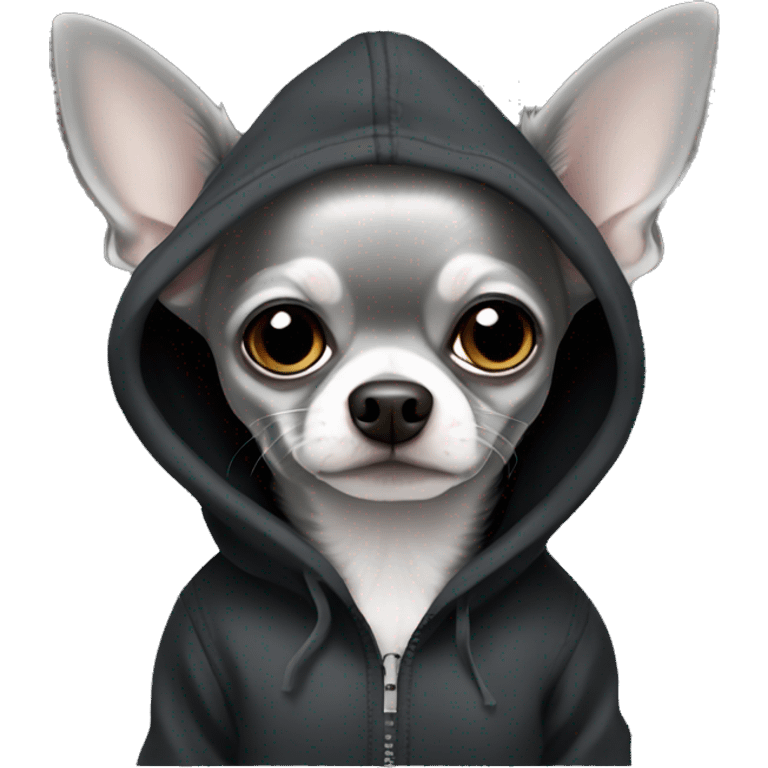 Dark Grey light grey long hair chihuahua dog in a black hoody emoji