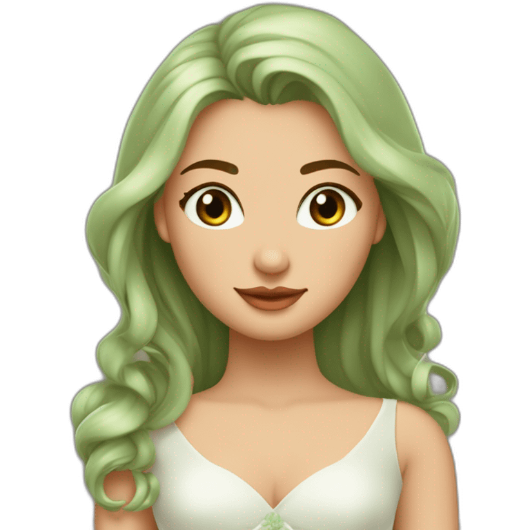 Femme en robe de mariée avec les yeux de couleur verte avec les cheveux lisse et long ainsi qu'un homme en costume avec les yeux marron avec les cheveux boucle mi long chatin foncé emoji