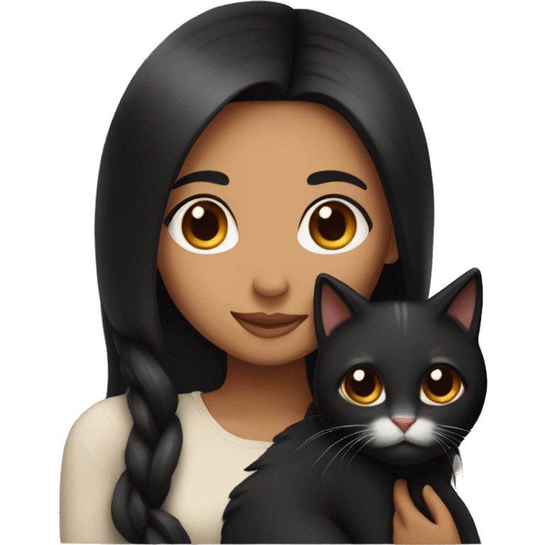 pretty woman with very long black hair and caramel skin hugging a cat emoji