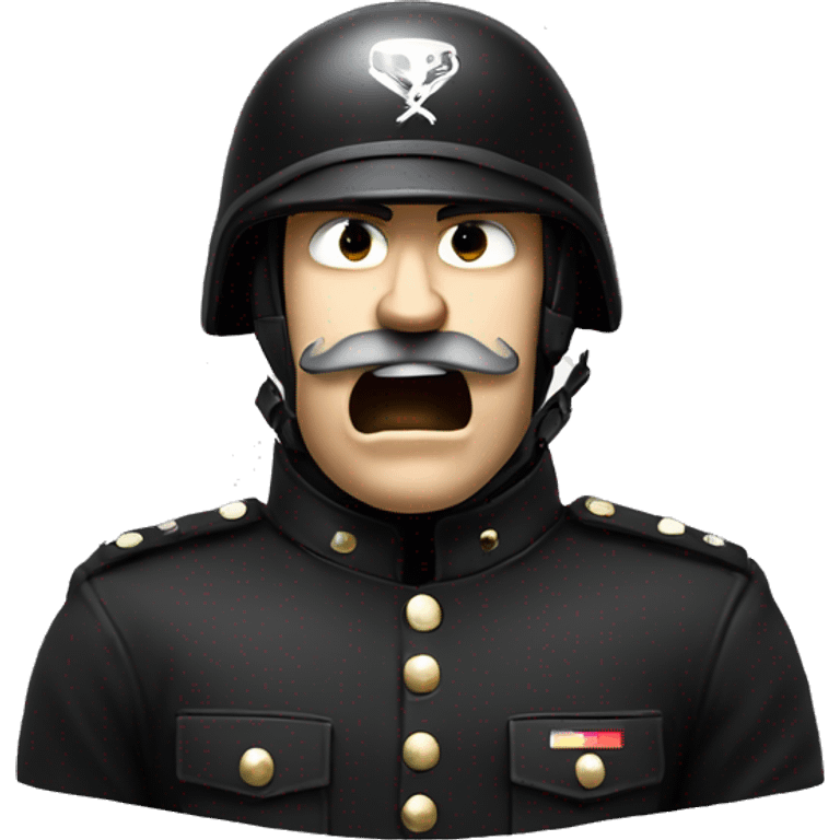 an angry screaming soldier with moustache, in black uniform and black big helmet with thunder logotype on it, white skin, bust, detalized face emoji