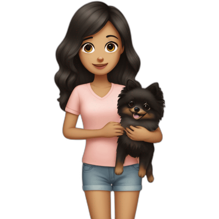 Girl with dark hair holding Pomeranian  emoji