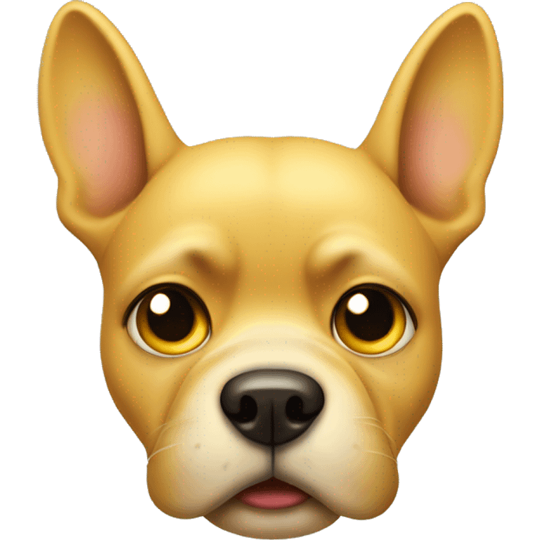 a dog face, yellow like common emojis, cartoon having a funny wondering face like hmmm, half open mouth and angry eyes emoji