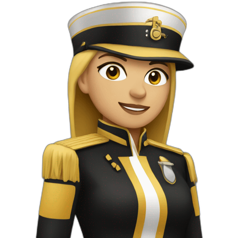 female baratone player in a marching band with a black and gold band uniform emoji