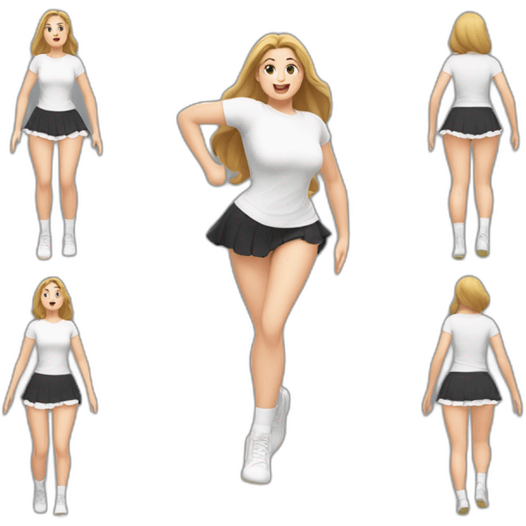 full-body-caucasian-curvy-beauty-jumping-short-black-skirt-back-and-front-views-strong-wind-white knickers-long-white-socks emoji