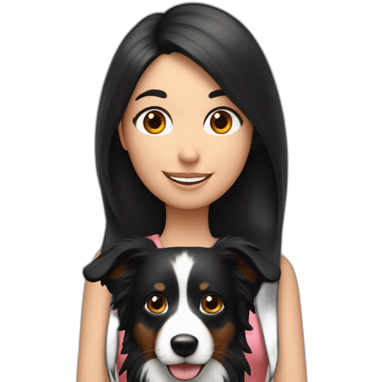 Family formed by a man a woman with long black hair and small black border collie emoji