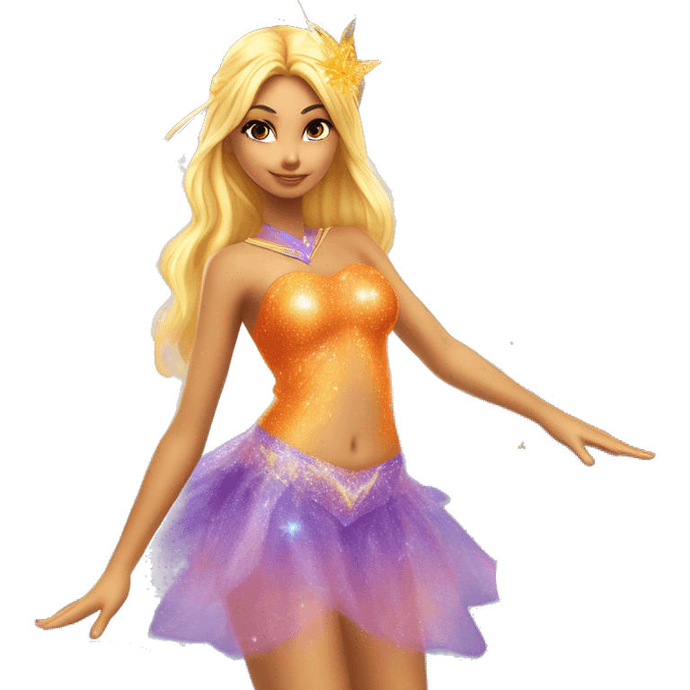 Stella adult latina fairy of the sun and the moon in her enchantix fairy orange two-piece clothing and fairy enchantix wings and long blonde hair from winx club. Lots of sparkles and fairydust. Full body and full fairy bliss emoji