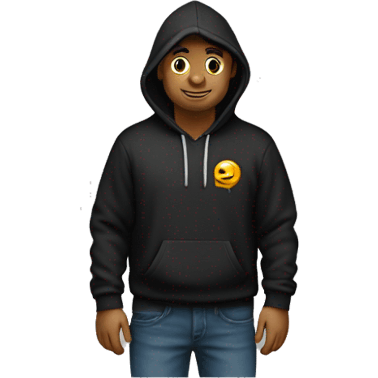 A guy wearing a black hoodie having right side of his chest a universal memento text logo emoji