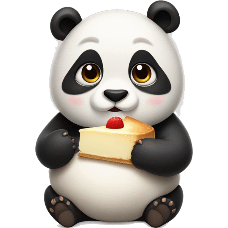 Fat panda with squeezing eyes and chubby cheeks, eating cheesecake emoji