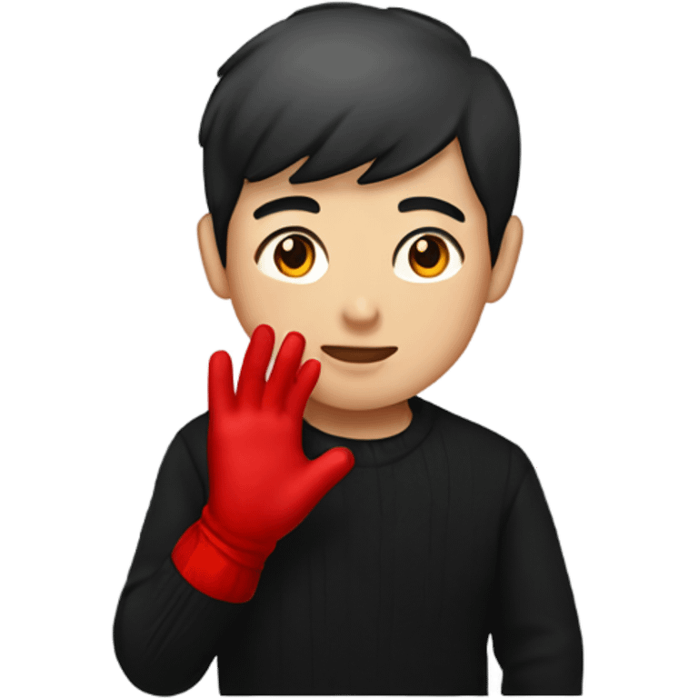 Asian boy wearing red gloves on hands and black sweater emoji