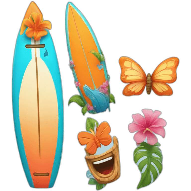 A surfboard Cartoon Blue and orange tiki smiling with butterfly and and Cartoon Blue and pink tiki singing with butterfly and mikrophone emoji