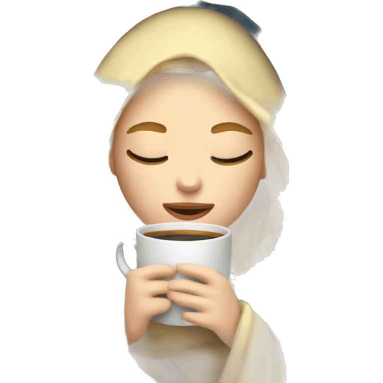 Blonde girl inside a blanket sipping coffee eyes closed emoji