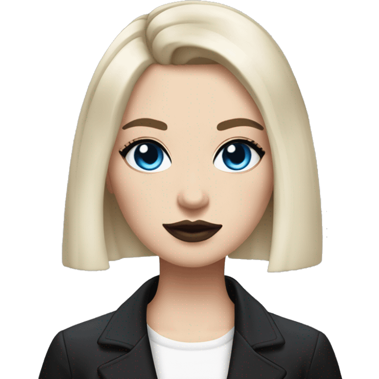 Slavic adult woman, goth eyes makeup, pink lips, blue eyes, medium bob black-to-blonde ombre hair, white T-shirt and black office jacket. emoji