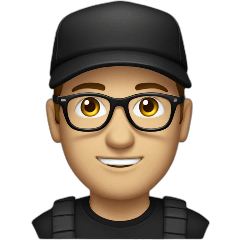 Caucasian man, with a black cap, glasses, and black t-shirt with a drum emoji