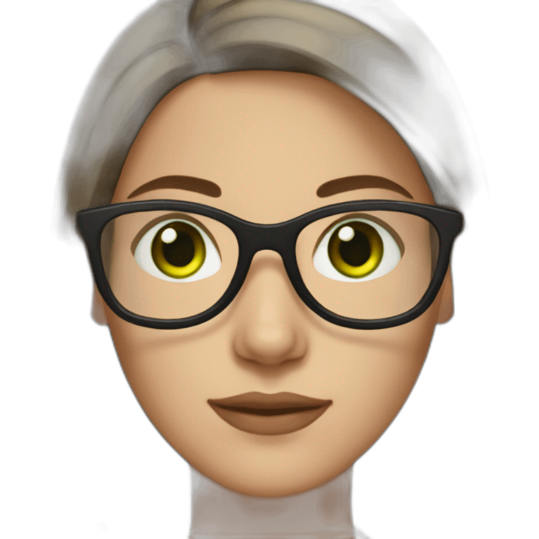 White woman with long dark brown straight hair and green eyes using glasses writing emoji